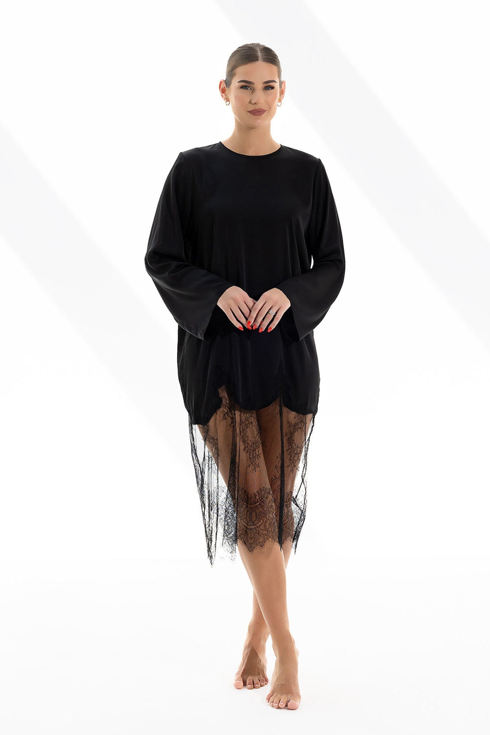 Black Lingerie Mini Dress With Sleeves