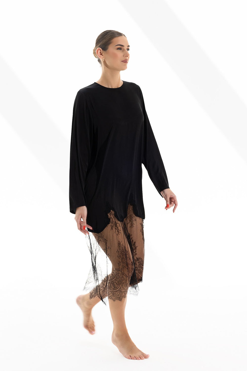 Black Lingerie Mini Dress With Sleeves