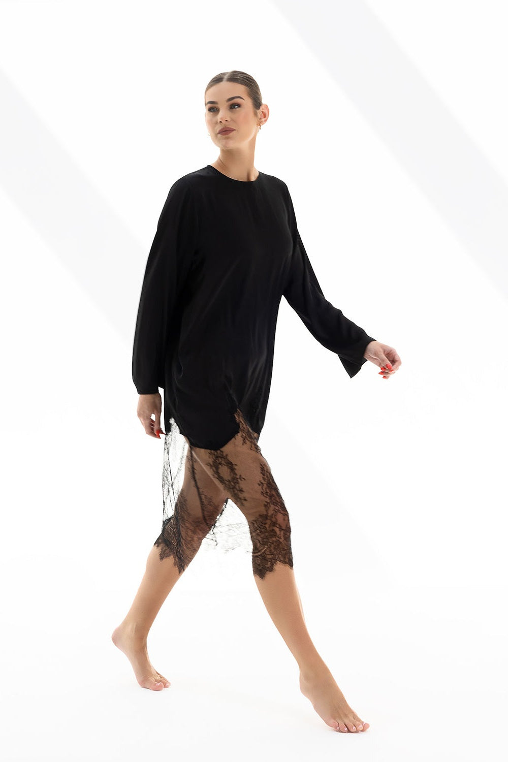 Black Lingerie Mini Dress With Sleeves