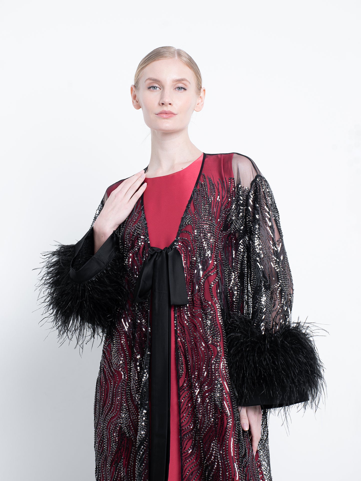 Black Embroidered Abaya With Feathers