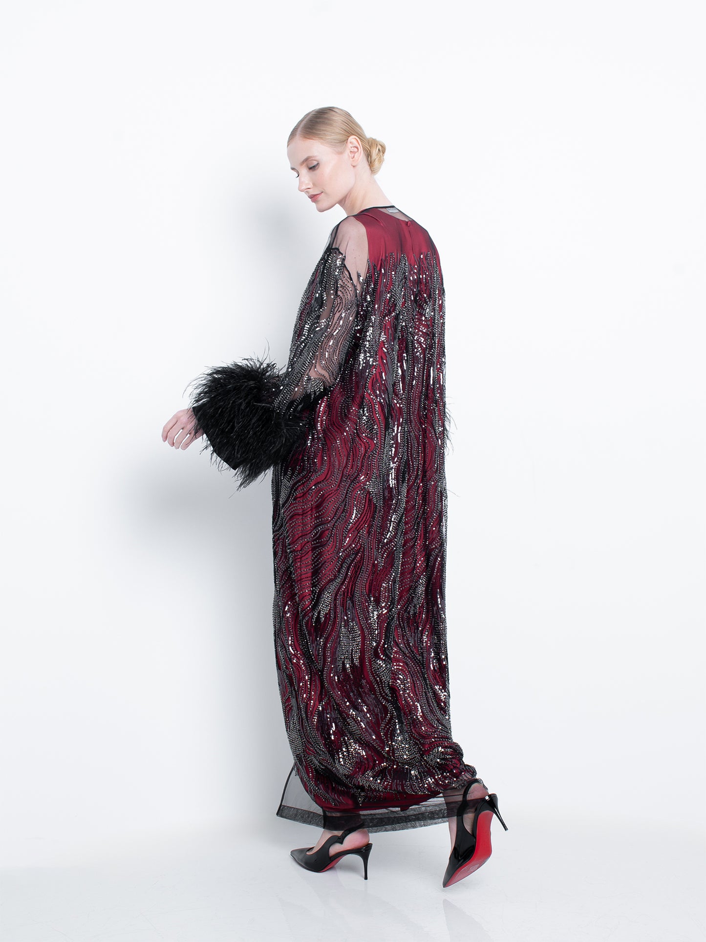 Black Embroidered Abaya With Feathers