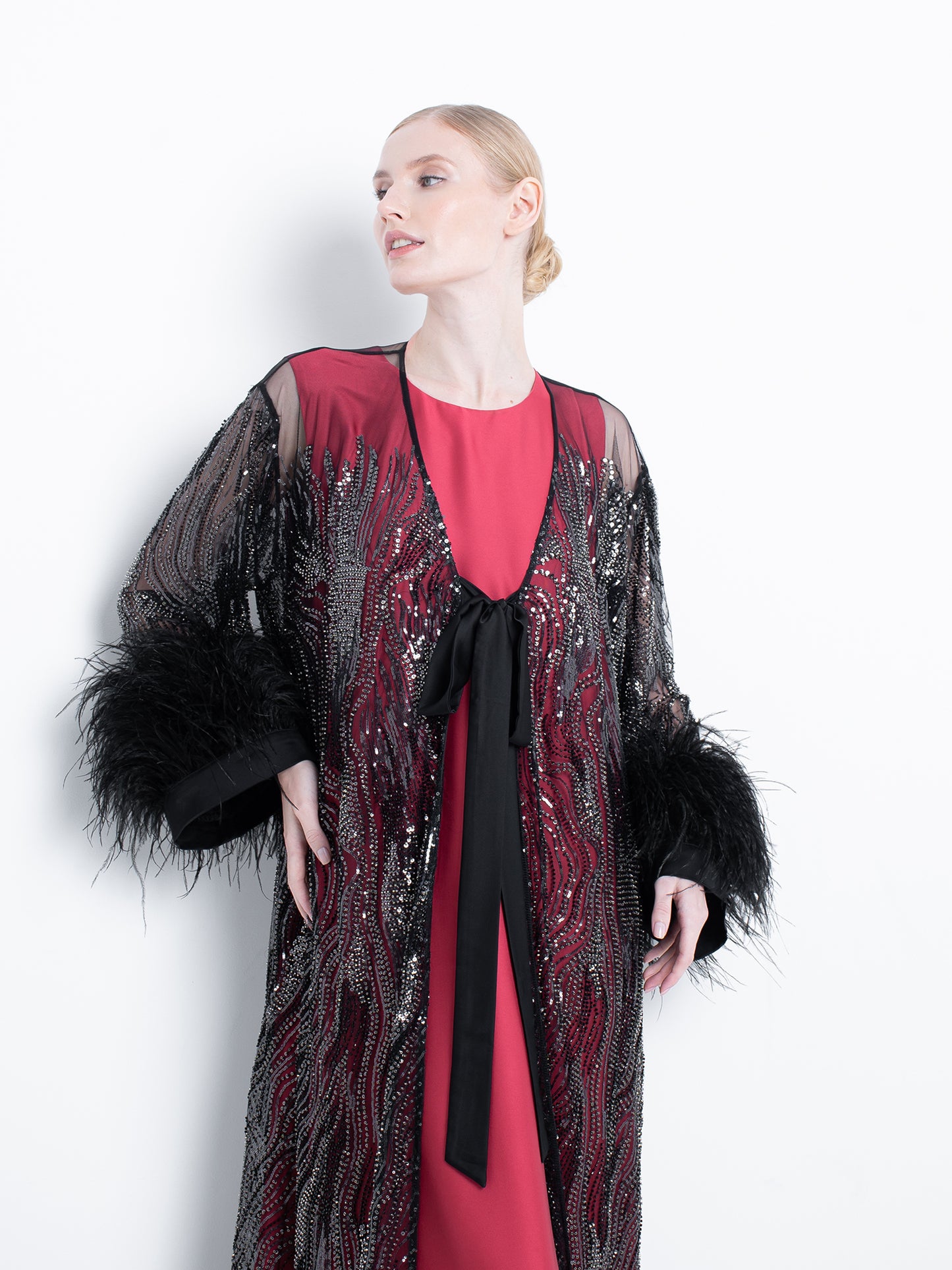 Black Embroidered Abaya With Feathers