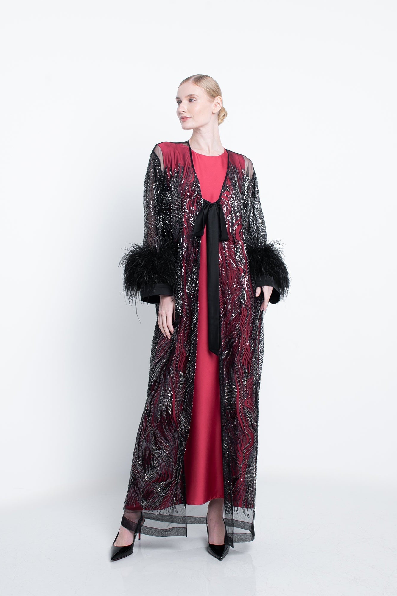 Black Embroidered Abaya With Feathers