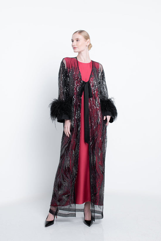 Black Embroidered Abaya With Feathers