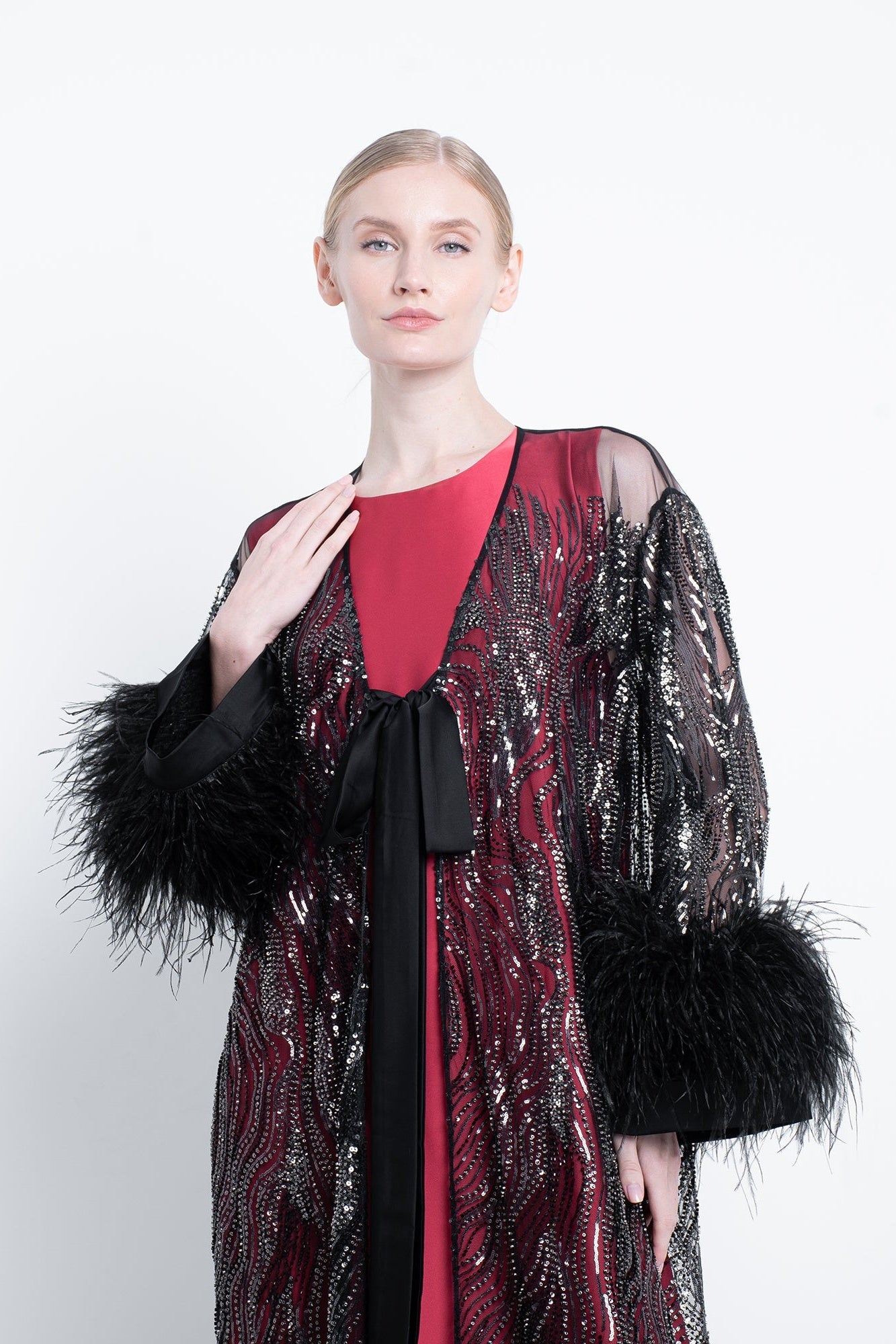 Black Embroidered Abaya With Feathers