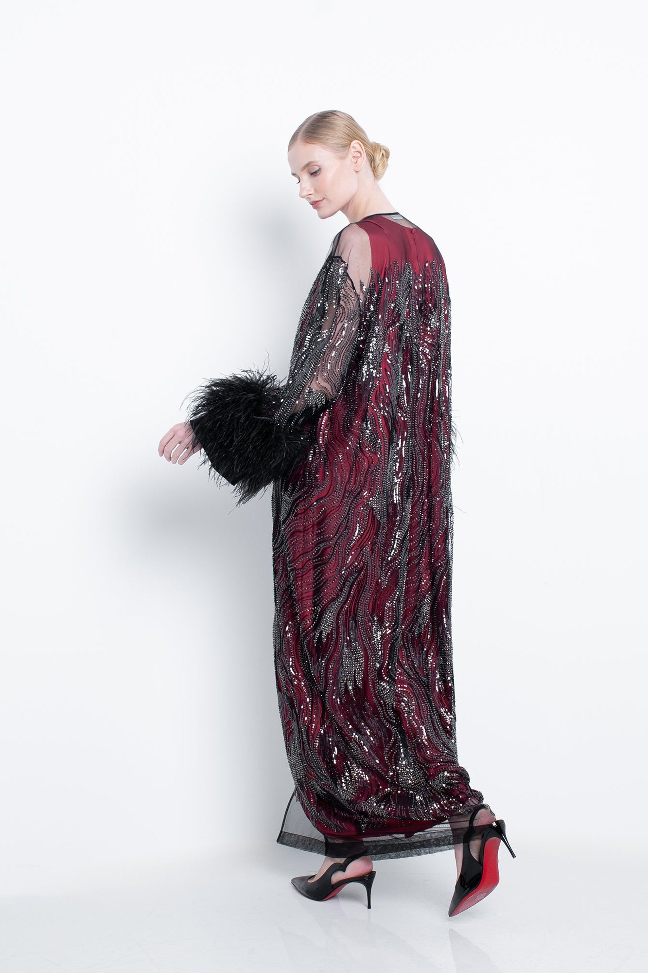 Black Embroidered Abaya With Feathers