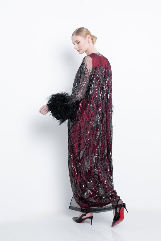 Black Embroidered Abaya With Feathers