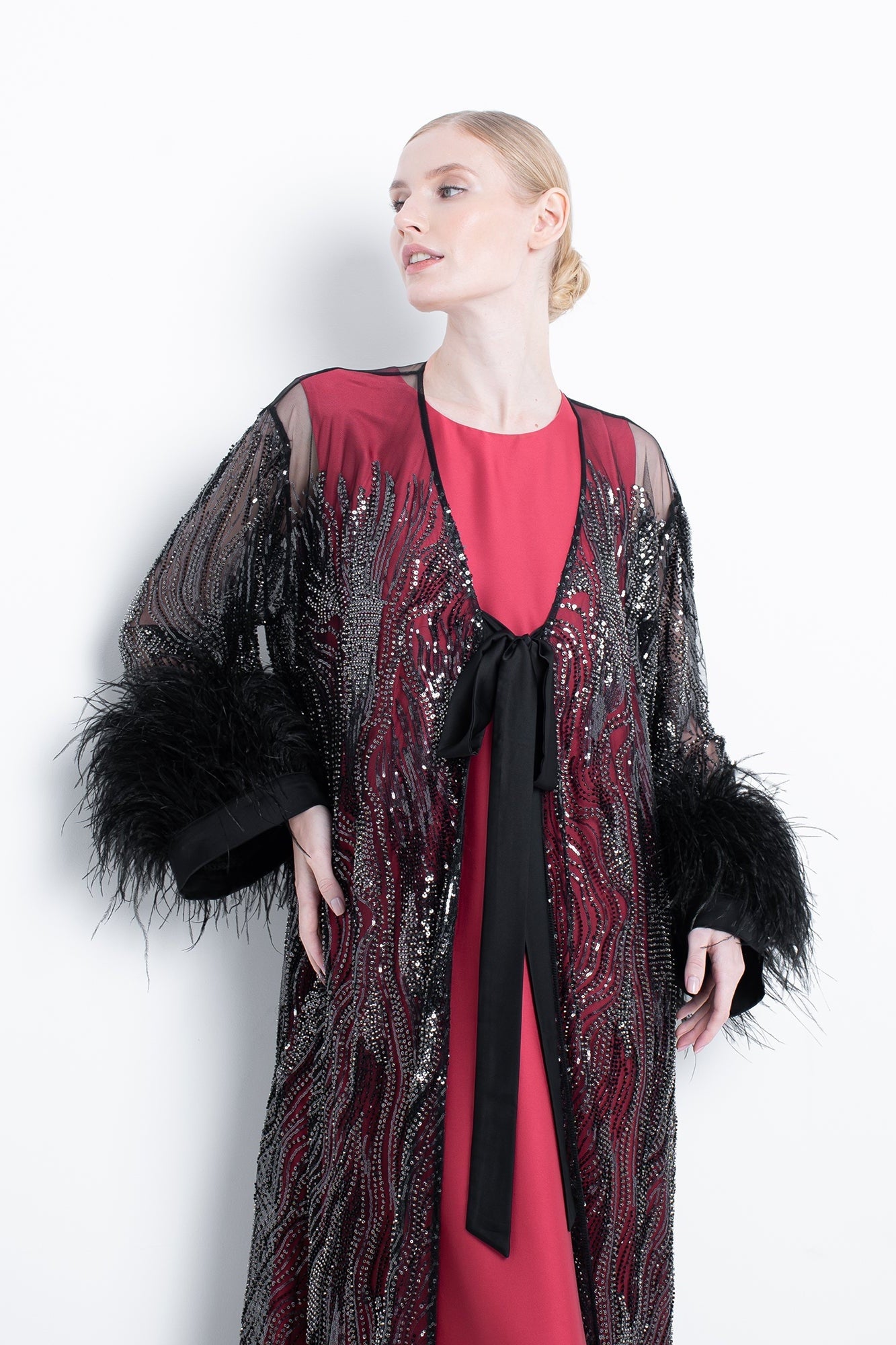 Black Embroidered Abaya With Feathers