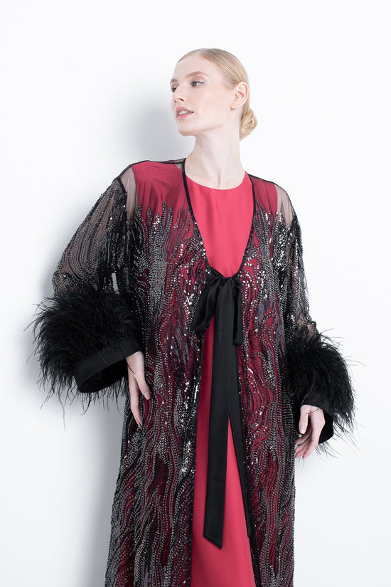 Black Embroidered Abaya With Feathers