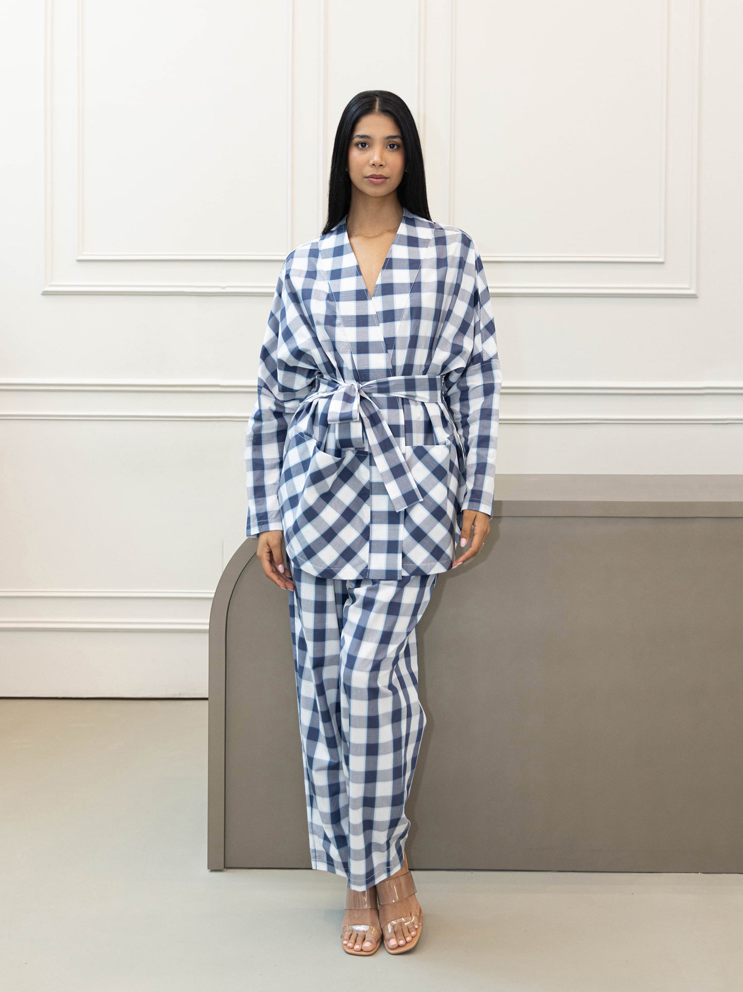 Navy Plaid Cotton Kimono Set