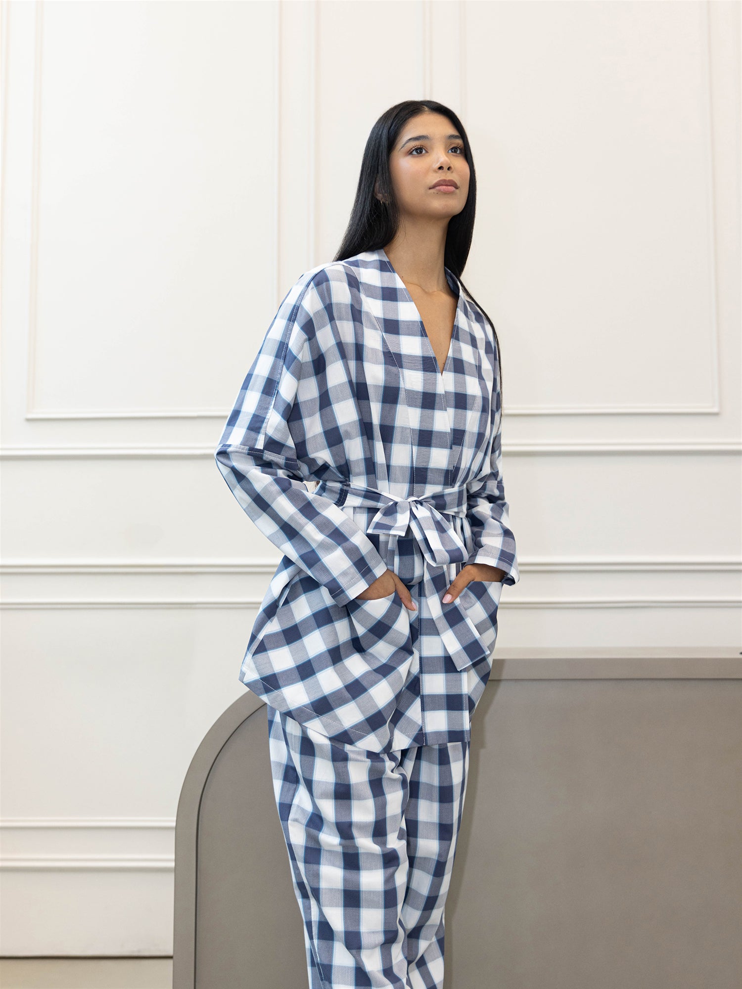 Navy Plaid Cotton Kimono Set