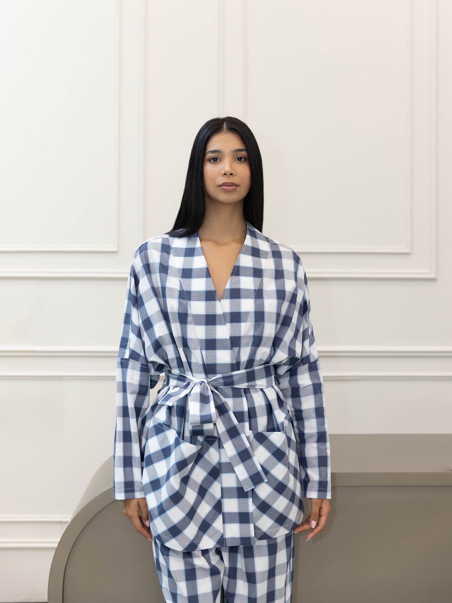 Navy Plaid Cotton Kimono Set