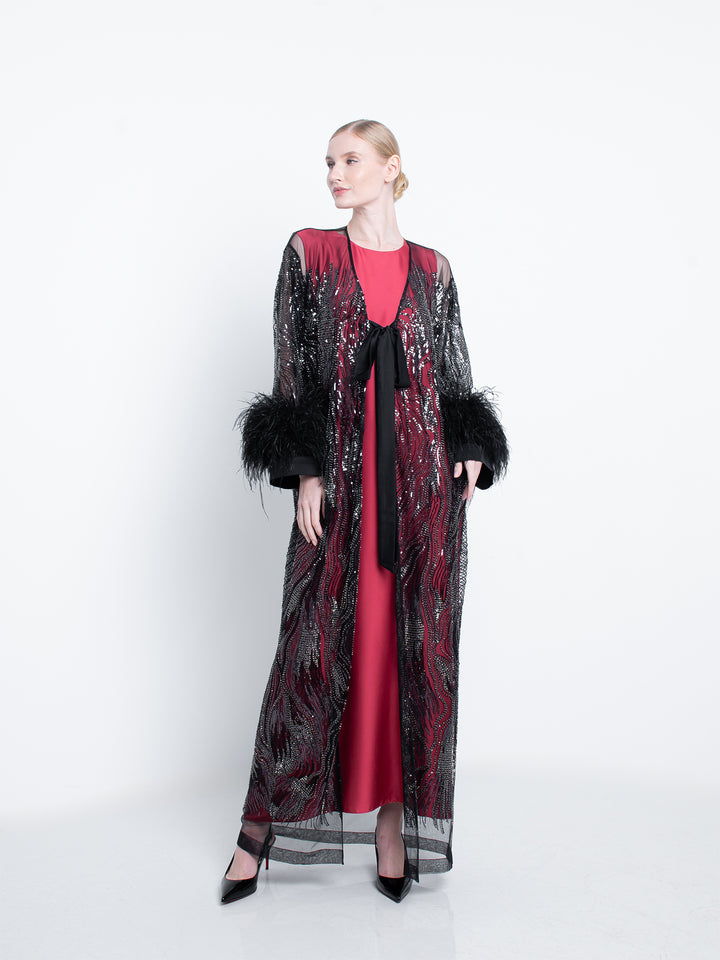 Black Embroidered Abaya With Feathers